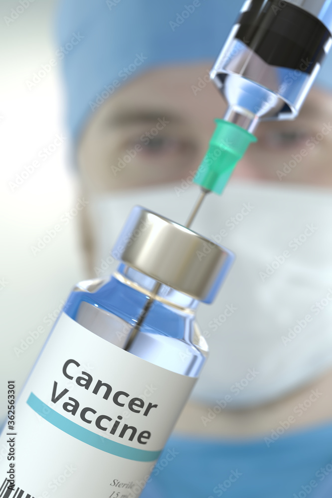 Glass vial with cancer vaccine and syringe against blurred doctor's face. 3D rendering Glass vial with cancer vaccine and syringe against blurred doctor's face. 3D rendering
