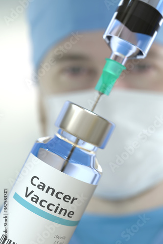 Glass vial with cancer vaccine and syringe against blurred doctor's face. 3D rendering