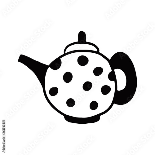 Doodle hand drawn vector illustration of a cute teapot decorated with black polka dots. Isolated on white background.