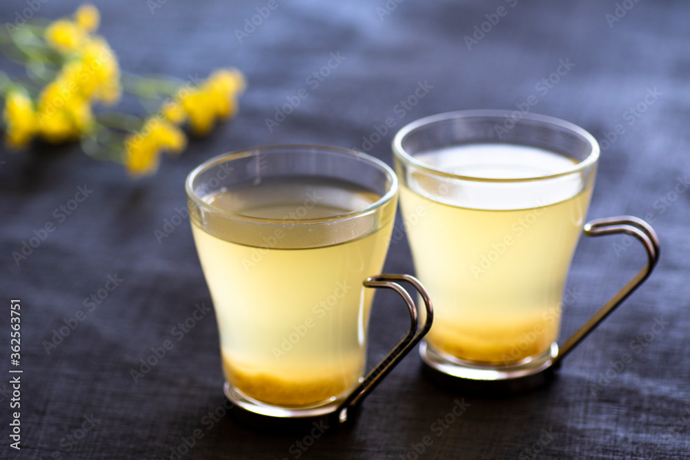Two Glass Cups with fresh Yuzu tea