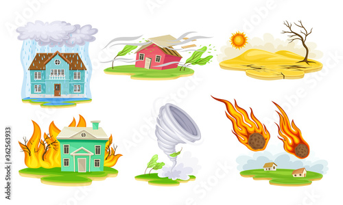 Natural Cataclysms with Drought and Tornado Vector Illustrations Set