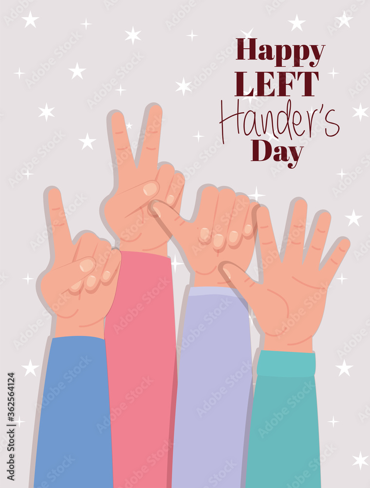 Fototapeta premium sign with hands and happy left handers day text design of Holiday and message theme Vector illustration