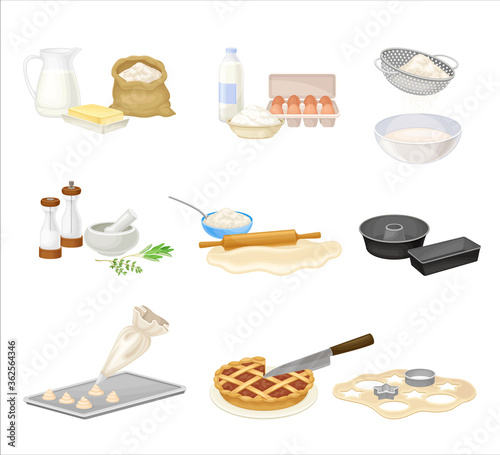 Baking Process with Doughing and Mixing Ingredients with Cookware Vector Set