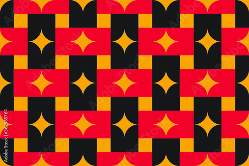 Black, orange and red repeating pattern of overlapping rectangles with diamond centers, vector illustration