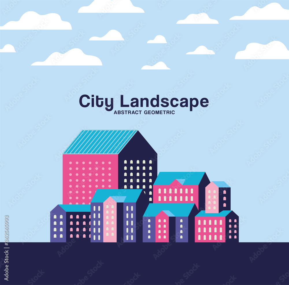 Purple blue and pink city buildings landscape with clouds design, Abstract geometric architecture and urban theme Vector illustration