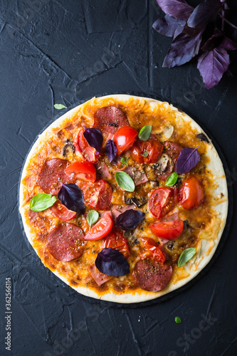 Thin pizza with pepperoni and fresh basil