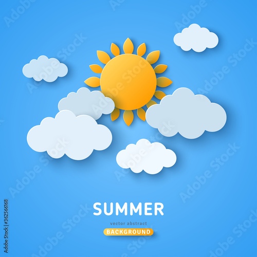 Summer day concept vector illustration. Cloudscape, blue sky with clouds and sun. Paper cut style. Place for text