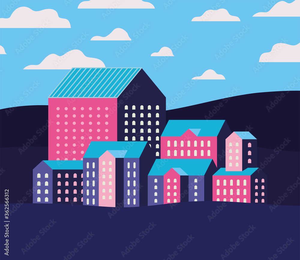 Purple blue and pink city buildings landscape with clouds design, Abstract geometric architecture and urban theme Vector illustration