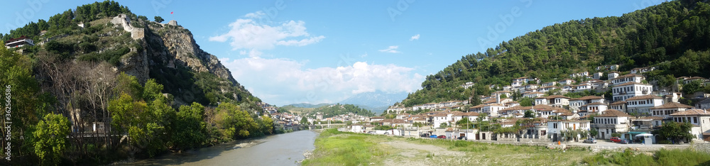 Berat panorama.  River, bridge, old town of terraced white houses