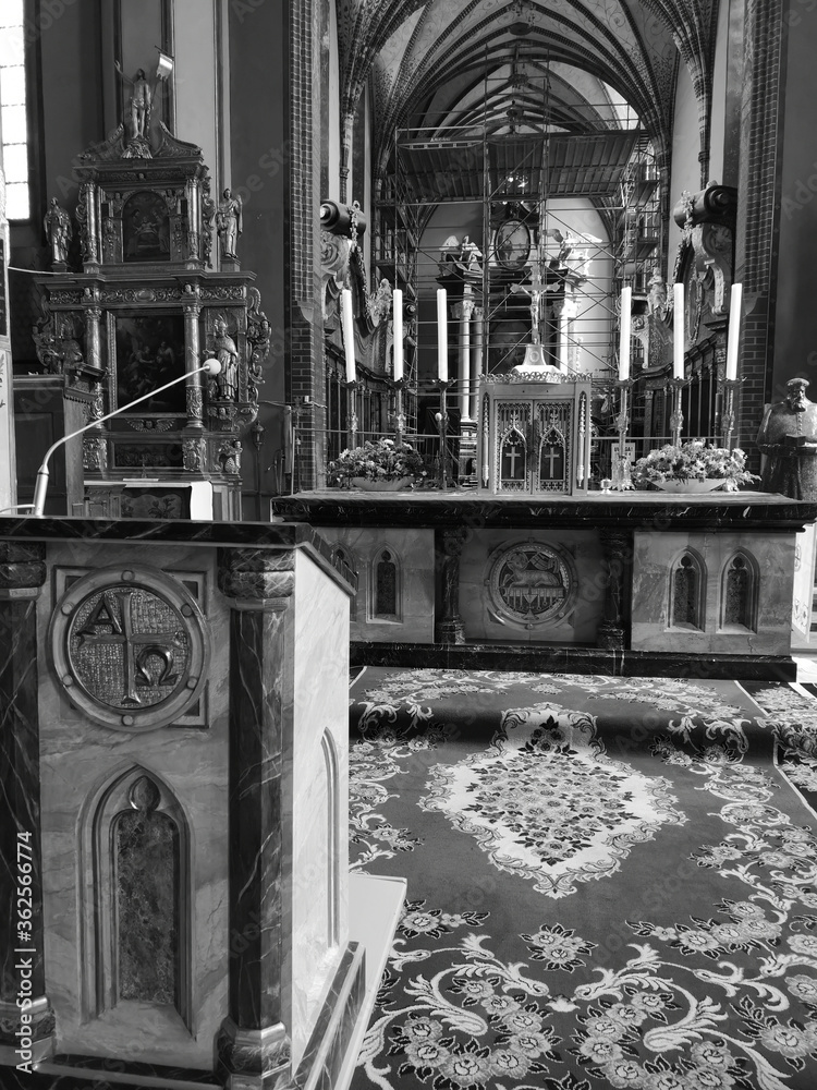 Interior Archcathedral Basilica of the Assumption of the Blessed Virgin Mary and Saint Andrew. Artistic look in black and white. Frombork, Poland.