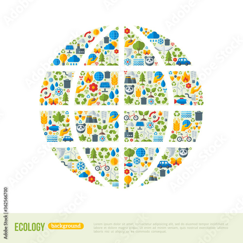 Eco Friendly, green energy concept, vector illustration. Globe symbol with flat ecology icons. Save the planet concept. Go green. Save the Earth. Earth Day.