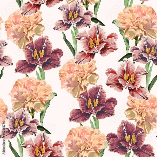 Seamless pattern of beige tulip and carnation flowers background. Bblooming floral for holiday invitations, greeting card and fashion design. photo