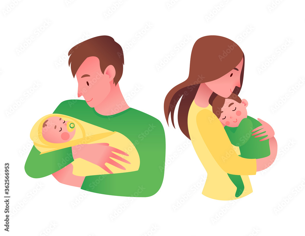 Mother and father with babies (newborn and toddler) in their hands. Cute  vector cartoon illustration on a happy young family. Stock Vector | Adobe  Stock
