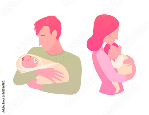 Mother and father with babies (newborn and toddler) in their hands. Cute vector cartoon silhouettes of happy young family.

