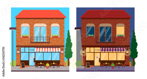 Modern coffee shop in an old building. Cafe exterior at day and night. Vector flat cartoon illustration.