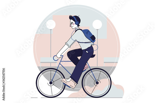Cycling, sport, motion, recreation, activity concept. Young happy man or boy riding bicycle on city street and going to work. Summer vacation hobby and active leisure time n weekends illustration.
