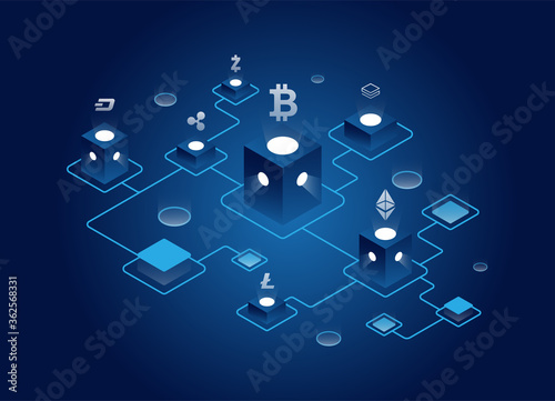 Isometric blockchain technology concept. Beautiful illustration of blockchain relationships. Gradient. Cryptocurrency Mining Can be used for websites, web pages and banners, for presentations. EPS 10.