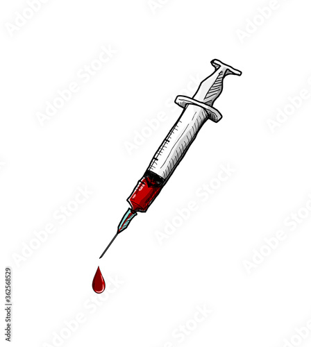 Blood and syringe, a hand drawn vector illustration of a syringe and a drop of human blood coming out of its needle, isolated on a white background.