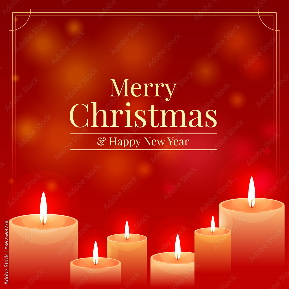 Merry christmas and happy new year banner with candle light on red bokeh background vector design Merry christmas and happy new year banner with candle light on red bokeh background vector design