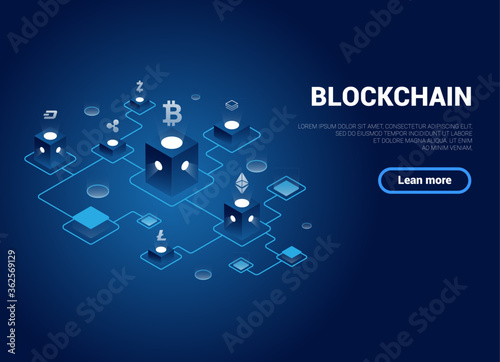 Isometric blockchain technology concept. Beautiful illustration of blockchain relationships. Gradient. Cryptocurrency Mining Can be used for websites, web pages and banners, for presentations. EPS 10.