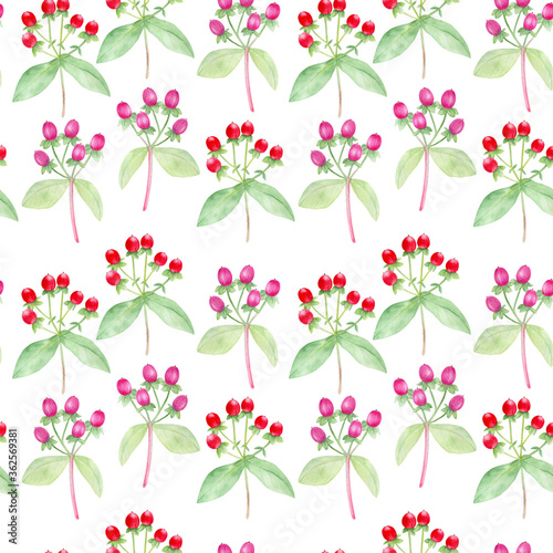 Watercolor floral seamless pattern. Hand drawn berries and green leaves on white background. Scandinavian design 