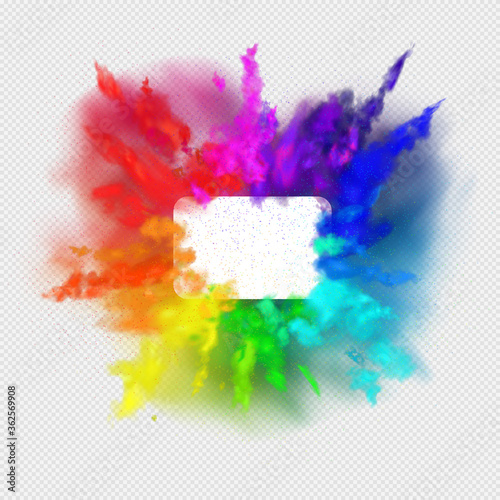 Rainbow colors paint powder and drops. Holi festival invitation. Transparent different clouds of paint powder isolated on light gray background. The real effect of transparency. Vector illustration