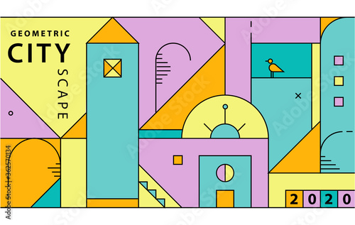 Vector abstract city illustration, minimal geometric flat style, buildings, stairs composition. Background for header images for websites, banners