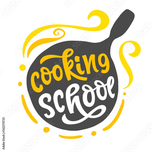 Cooking school logo with hand written lettering emblem inscription in pan silhouette