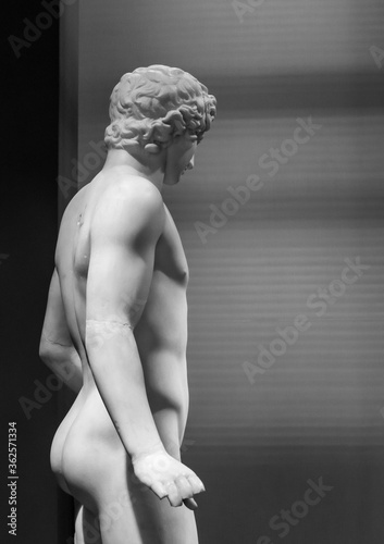 Black and white photo showing the back of marble sculpture of young and handsome naked man