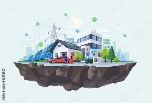 Smart renewable energy power grid system. Off-grid household city battery storage sustainable island electrification. Electric car charging with solar panels, wind, high voltage power grid and city. 