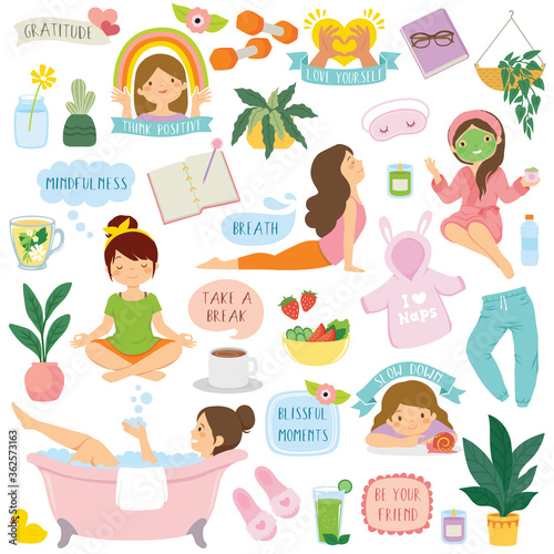 Self care and wellbeing clipart set. Cartoon girls, icons and typography related to healthy lifestyle, relaxation, positivity, and self love.