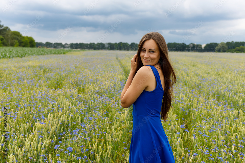 girl in a blue dress on a cornflower field