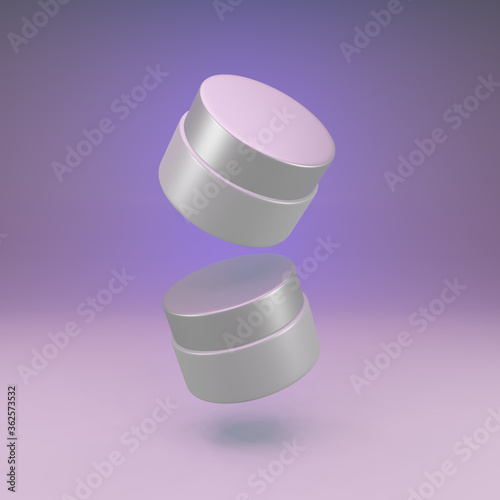 Two realistic white plastic cream bottles hover in the neon background. Layout Template. 3D illustration