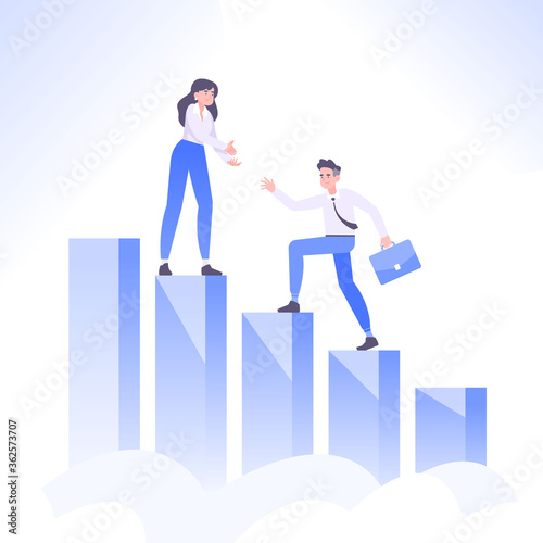 Helping hand concept. Businesswoman helps to businessman to climb stairs. Giving a helping hand to colleague, teamwork and cooperation concept, vector illustration