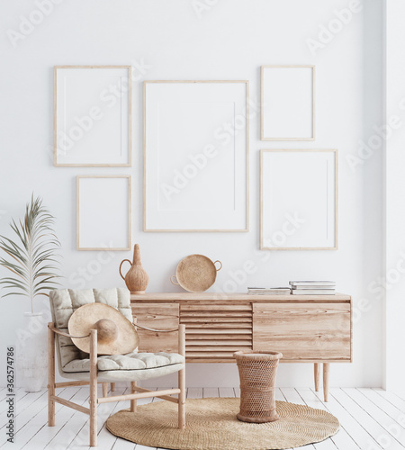 Mock up frame in home interior background, white room with natural wooden furniture, Scandi-Boho style, 3d render