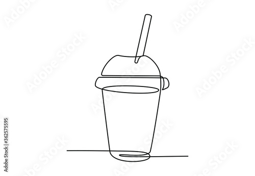 Continuous one line drawing of sweet bubble drink in plastic cup for logo emblem. Milkshake or soda drink made of single line for fast food cafe logotype. Vector illustration