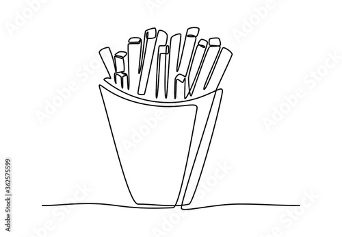 French fry in one continuous line for logo. Fried potato sticks in modern single line drawing style for posters. Black linear sketch isolated on white background. Vector illustration