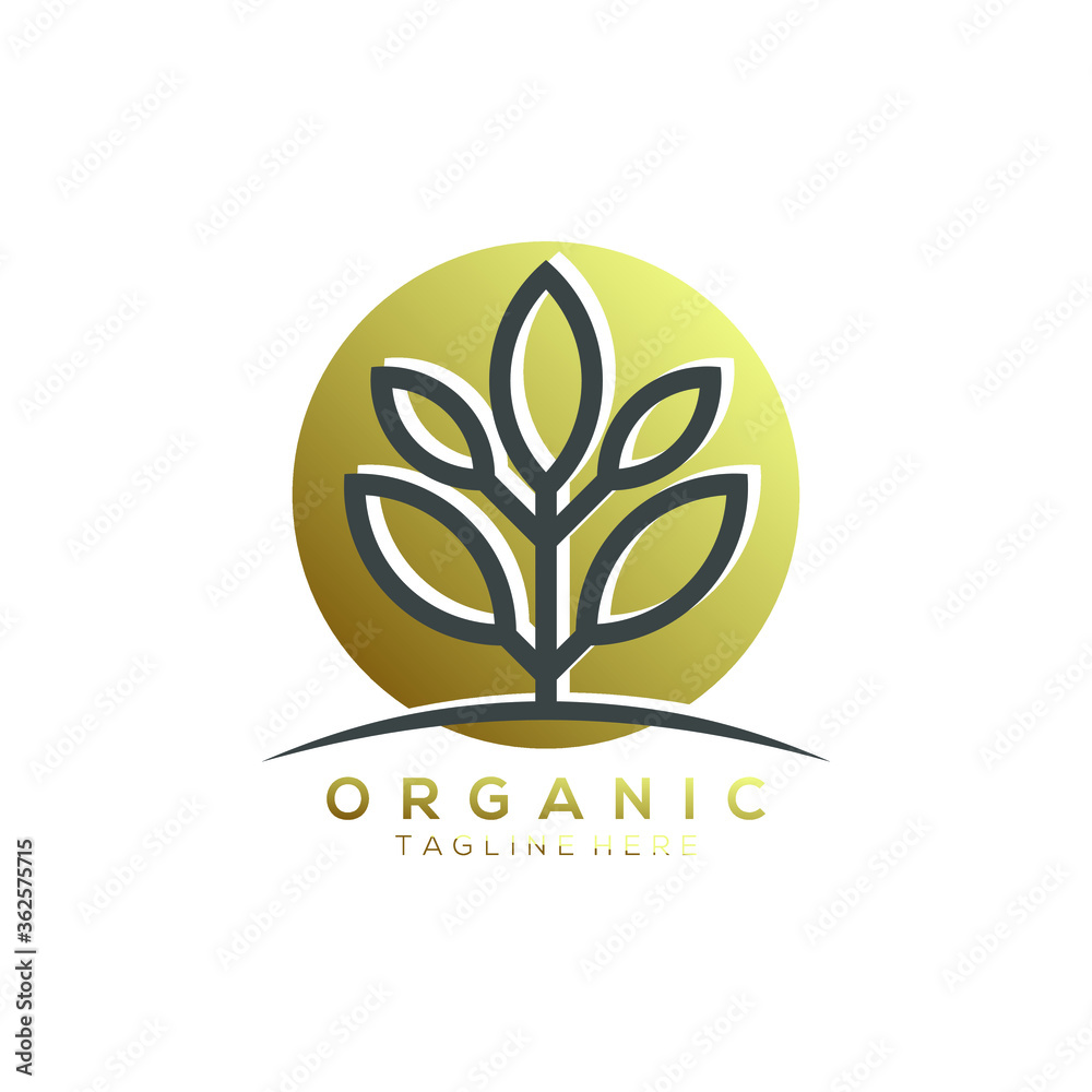 Fototapeta premium silhouette leaf plant vector logo with gold background