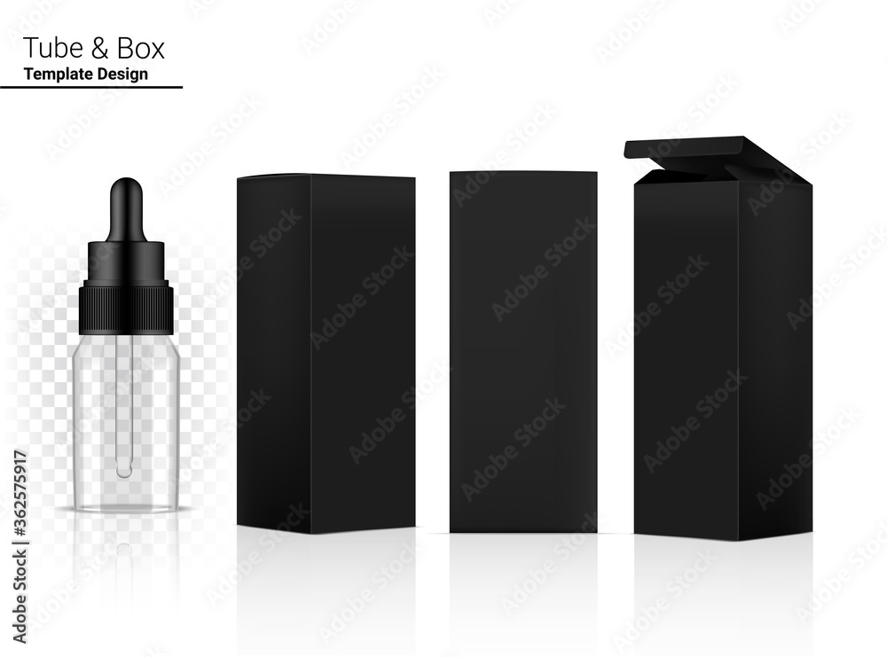Transparent Dropper Bottle Mock up Realistic Cosmetic and 3 Box Side for Skincare Essential Merchandise or medicine on White Background Illustration. Health Care, Medical and Science Concept Design.