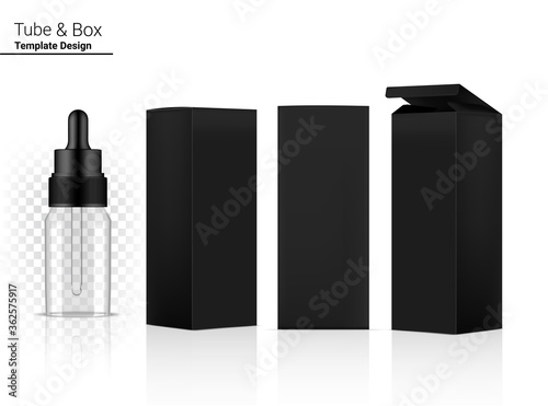 Transparent Dropper Bottle Mock up Realistic Cosmetic and 3 Box Side for Skincare Essential Merchandise or medicine on White Background Illustration. Health Care, Medical and Science Concept Design.