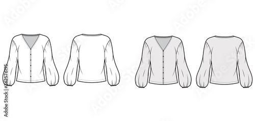 Blouse technical fashion illustration with V neck, dropped voluminous sleeves, oversized body. Flat apparel shirt template front, back, white and grey color. Women men and unisex top CAD mockup