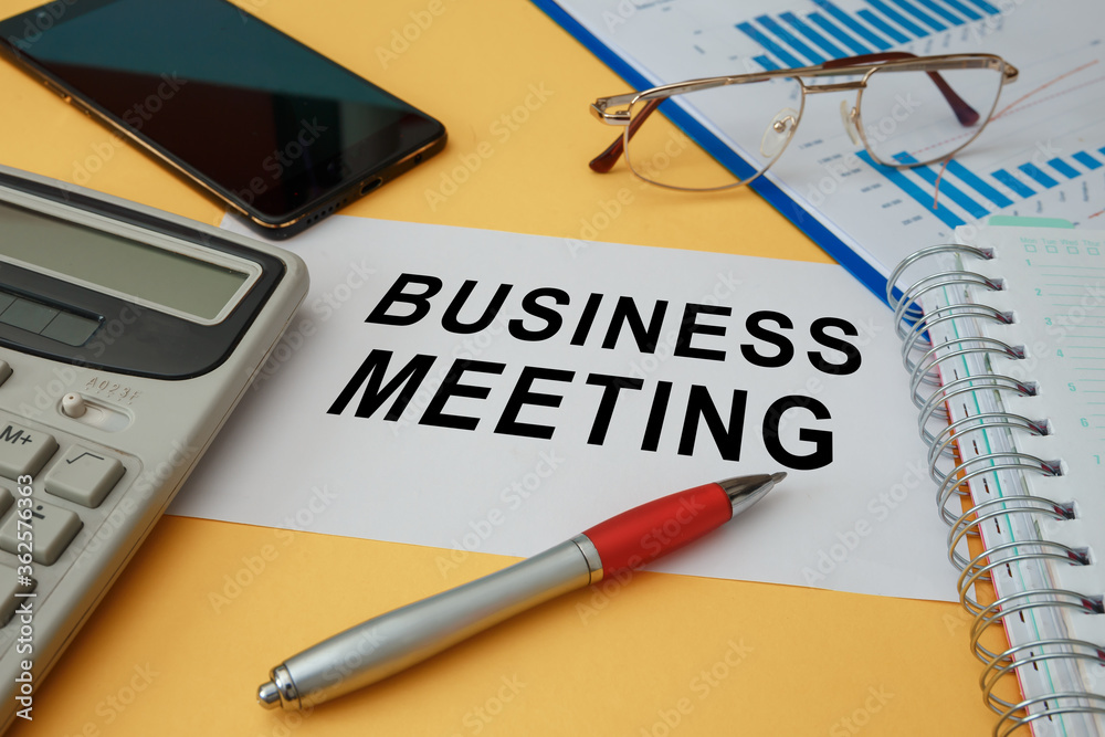 Photo on top of workspace card with text BUSINESS MEETING Photo on top of workspace card with text BUSINESS MEETING
