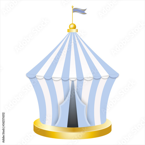 Carnival circus blue tent. Retro Circus tent with flag. Vector illustration isolated on white background.