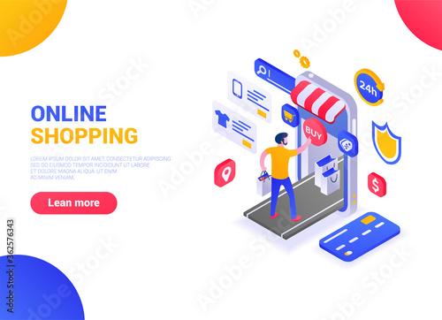 Isometric online shopping concept . A man goes to a phone with purchases, paying for them via the Internet. Secure shopping. Сan be used on web pages, web banners, websites, in presentations.