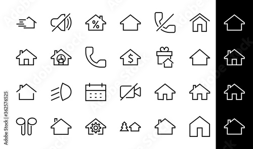Simple set of line vector home icons. Contains house symbols at interest, infuse house and more. Editable stroke. 480x480 pixels perfect