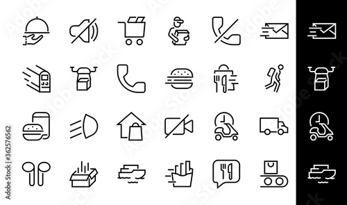 PIZZA DELIVERY, and Food Icon Set Vector thin line, contains courier, home delivery, food ordering, fast transport, drone, ship, car, editable stroke. ICONS circuits