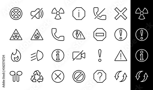 WARNINGS simple set of thin line vector icons. Contains icons such as warning, exclamation mark, reuse, warning sign and more. Editable stroke. Vector illustration