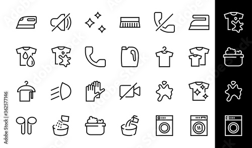 Simple set of washing related vector line Icons. Contains icons such as washing machine, powder, laundry, dirty t-shirt and much more. On a white background, editable stroke. 48x48 pixels perfect