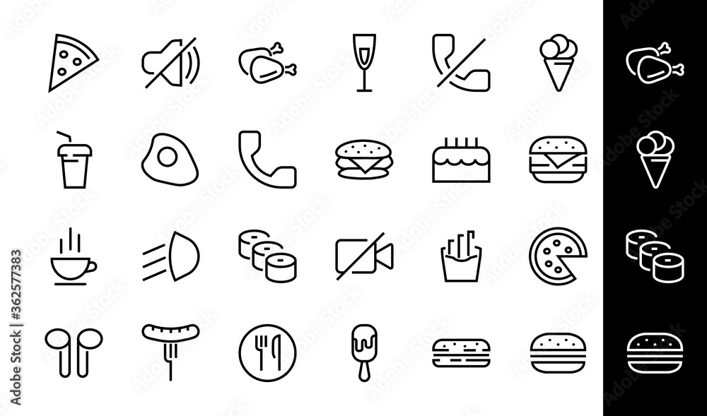 A simple set of fast food icons related to the vector line. Contains icons such as pizza, burger, sushi, bike, scrambled eggs and more. EDITABLE stroke. 480x480 pixels perfect, EPS 10