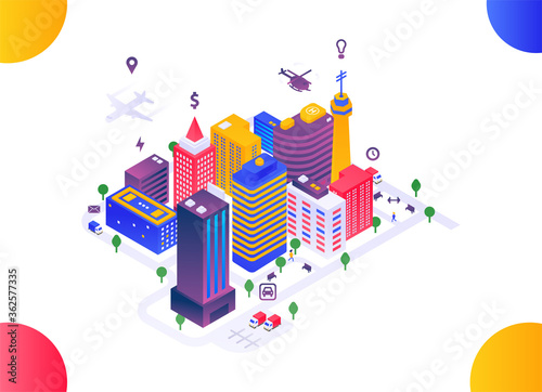 Isometric smart city, city concept. A city with many services, cars, people. Vector graphics, gradient. Can be used for sites, web banners, posters, presentations. Bright beautiful colors. EPS 10.